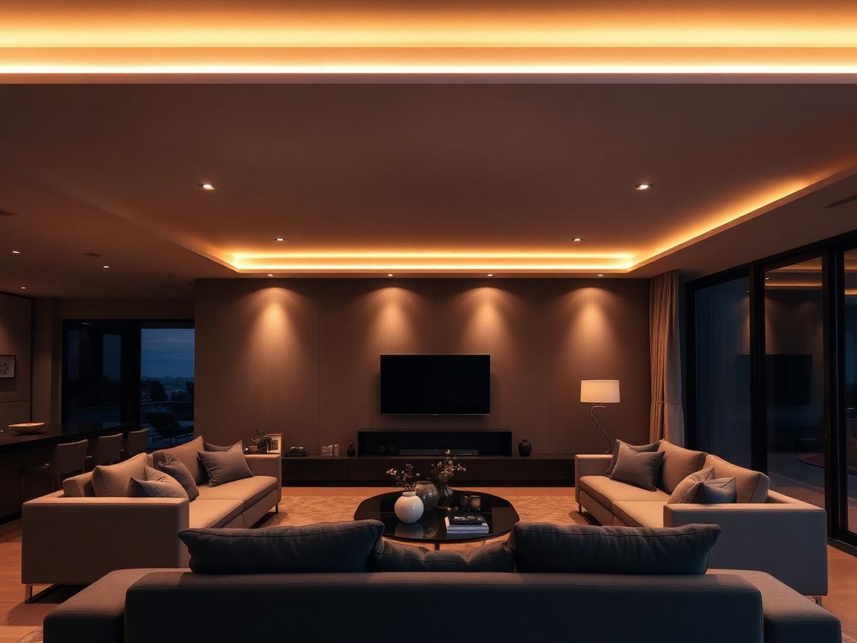 Sala de estar com iluminação em LED e spots embutidos